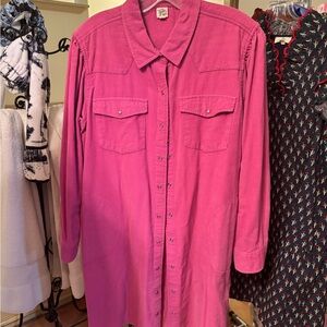 Hot Pink Long Button-Front Corduroy Shirt Dress